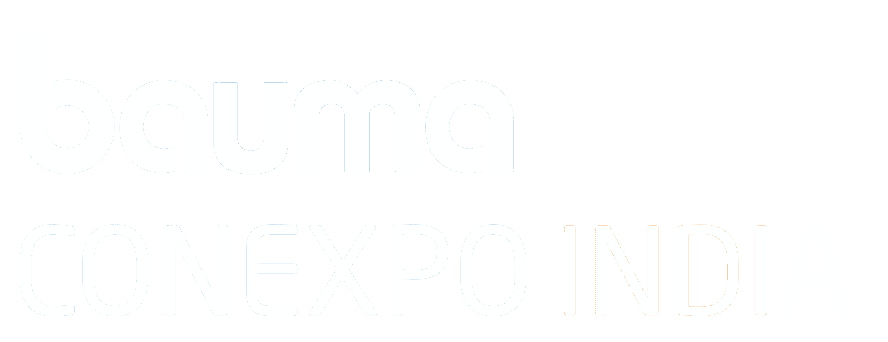 White text logo with the inscription bauma CONEXPO INDIA on a light gray background.