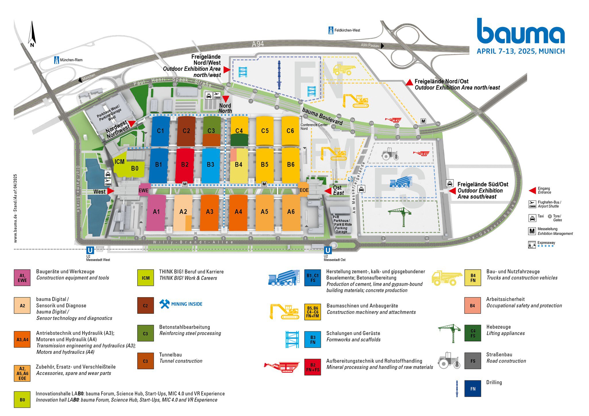 Bauma 2025: Übersichtskarte mit Hallen, Freiflächen und wichtigen Orten in Farbcodes auf dem Gelände der Messe München.