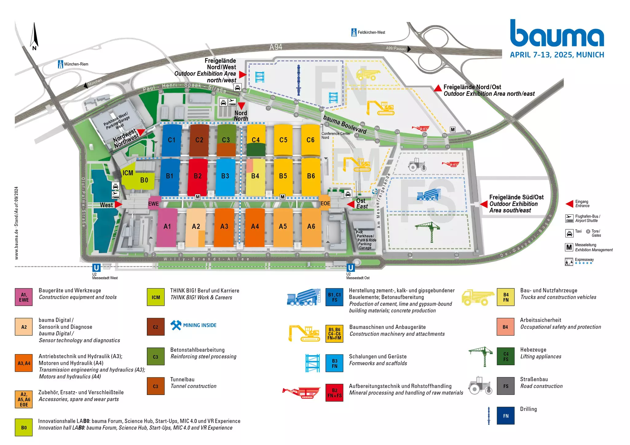 Bauma 2025: Übersichtskarte mit Hallen, Freiflächen und wichtigen Orten in Farbcodes auf dem Gelände der Messe München.