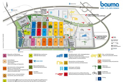 Bauma 2025: Übersichtskarte mit Hallen, Freiflächen und wichtigen Orten in Farbcodes auf dem Gelände der Messe München.