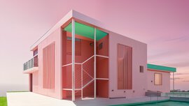 Modern pink house with large windows, pool and staircase under a pastel pink sky at sunset.