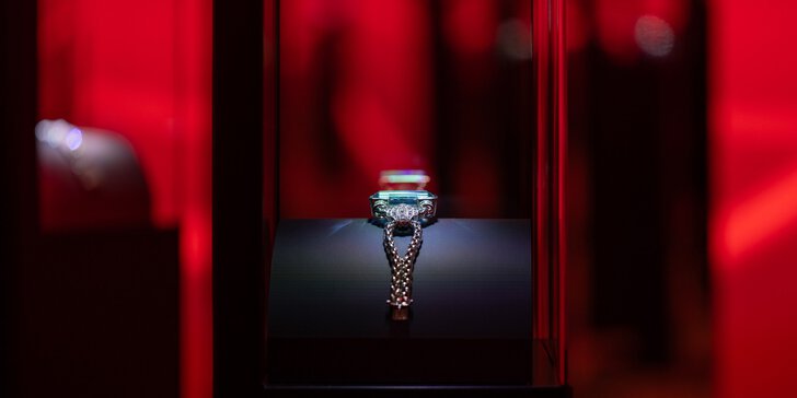 A silver trophy in a glass display case, illuminated against a dark red background.