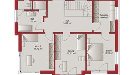 Ein Umrissplan für ein Dachgeschoss mit Flur, Badezimmer, Elternschlafzimmer mit Ankleide und zwei Kinderzimmern.