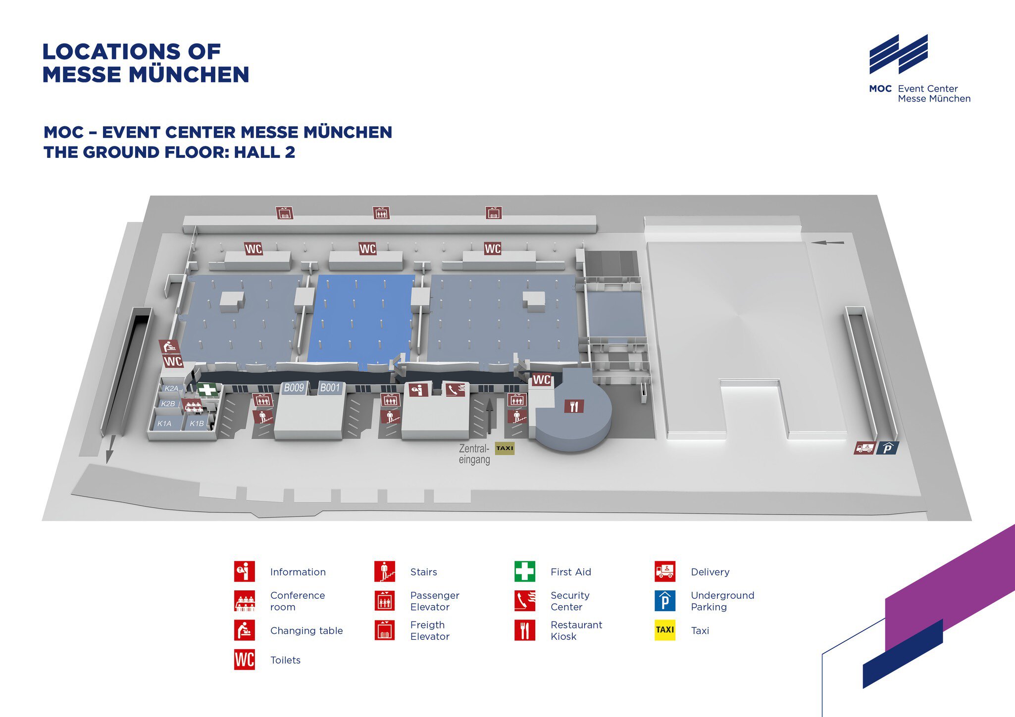 3D floor plan of Hall 2 at the Munich Trade Fair Center, showing entrances, rooms, elevators, stairs, restrooms, and symbols for facilities such as information desks, first aid stations, and parking spaces.