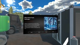 Interaktive digitale Informationsstation rund um Wasserstoff als alternativen Kraftstoff in einer virtuellen bauma Messeumgebung.
