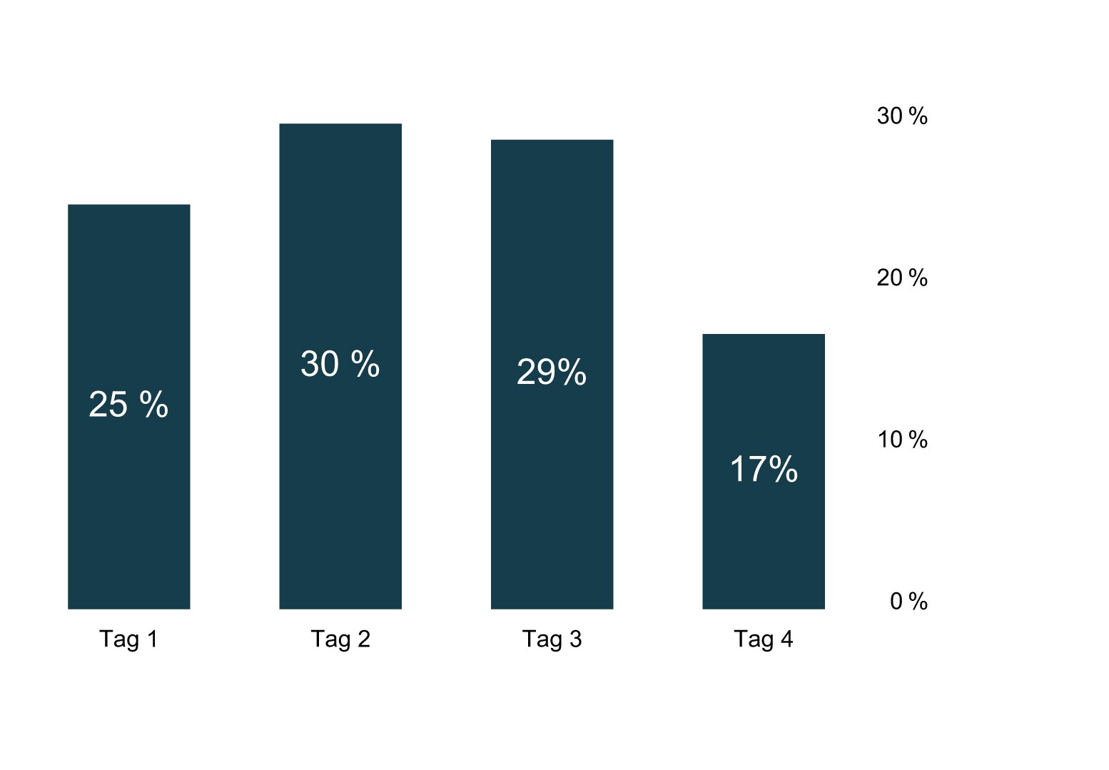 Balkendiagramm mit prozentualen Besuchstagen: Tag 1 (25 %), Tag 2 (30 %), Tag 3 (29 %), Tag 4 (17 %)