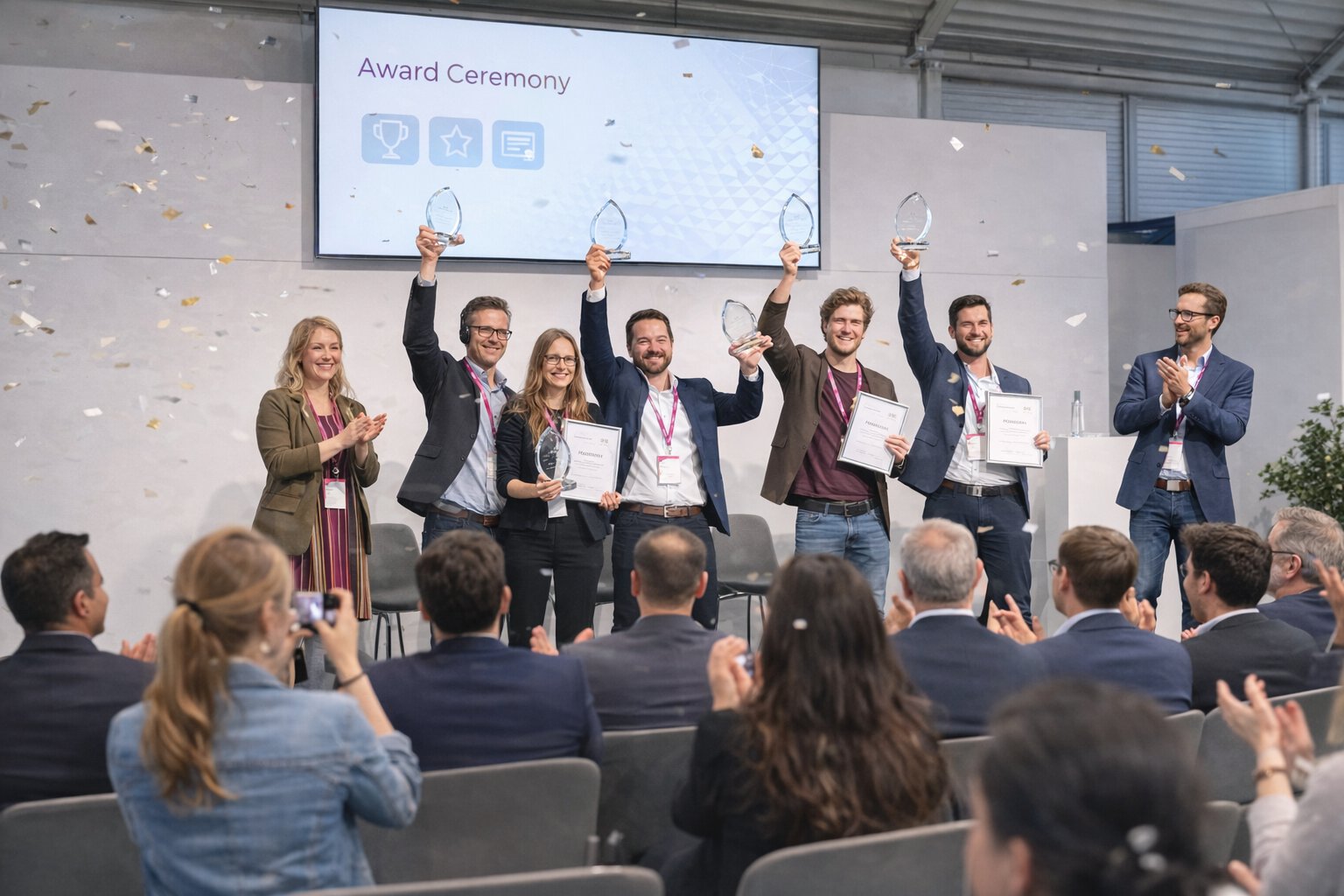 Award ceremony at DMEA with winners on stage and audience applauding