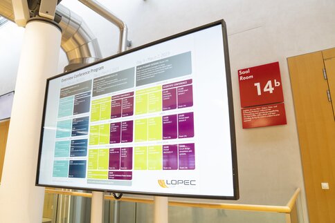 Ein großer Bildschirm mit einem farbcodierten Zeitplan und der Aufschrift Overview Conference Program.