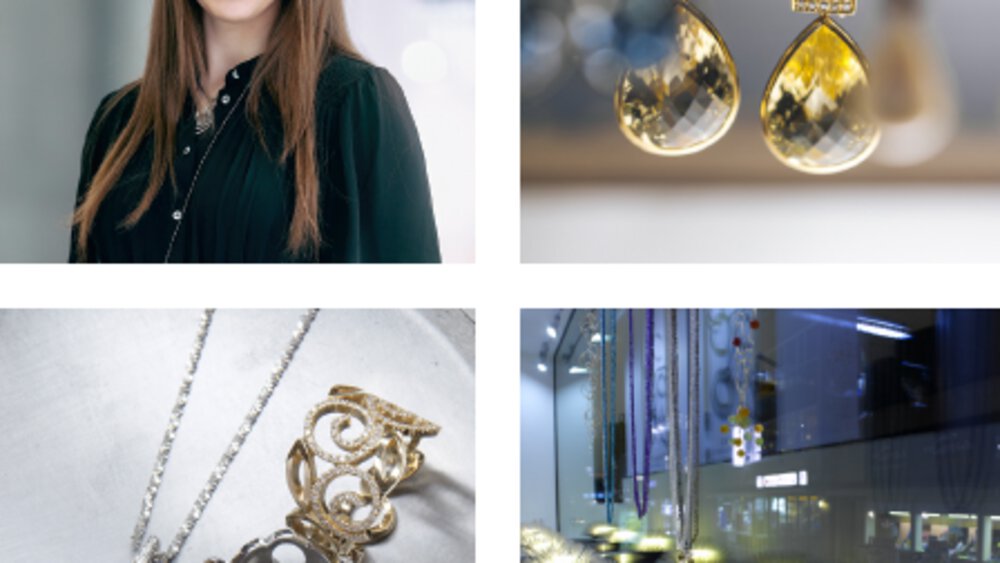 A collage of four equally sized images showing a woman and several pieces of jewelry such as earrings, necklaces, and rings.