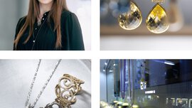 A collage of four equally sized images showing a woman and several pieces of jewelry such as earrings, necklaces, and rings.