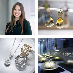 A collage of four equally sized images showing a woman and several pieces of jewelry such as earrings, necklaces, and rings.