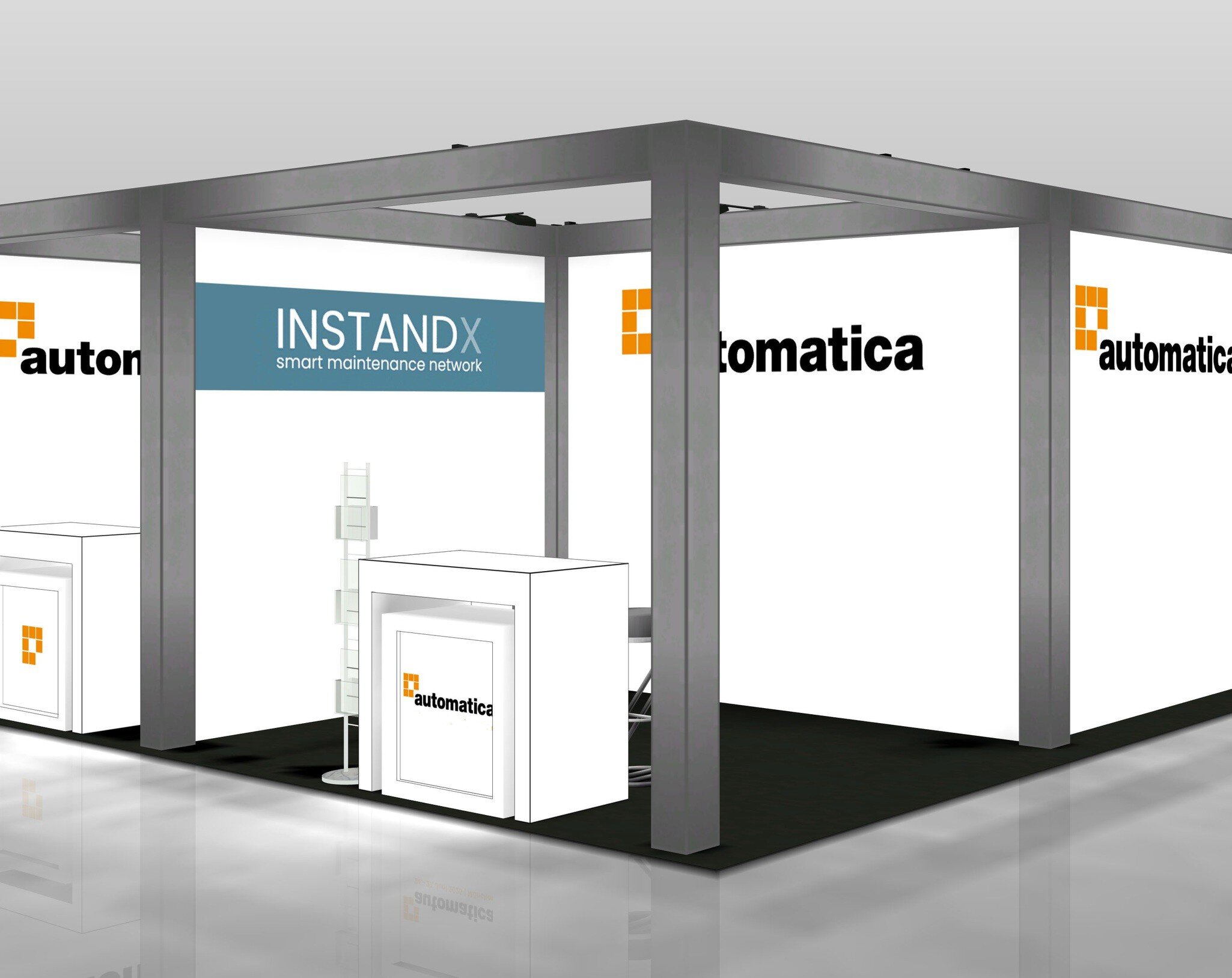 Messestand für Automatica und INSTANDX mit weißen Wänden und modernem Design auf einer Fachmesse.