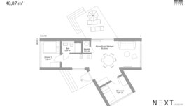 Schwarz-weißer Grundriss, 48,87 m² mit zwei Zimmern, Wohnküche und einem Badezimmer.