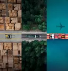 Vertikale Collage: Ein LKW fährt aus einem Tunnel, ein Gabelstapler zwischen Kistenstapeln, ein Zug durch einen Wald, Containerschiff und Flugzeugschatten auf dem Meer.