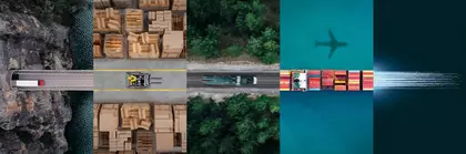 Collage of vertical stripes: Truck driving out of a tunnel, forklift truck between crates, train driving through a forest, container ship and airplane shadow on the sea.