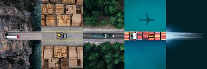 Collage aus vertikalen Streifen: LKW fährt aus einem Tunnel, Gabelstapler zwischen Kisten, Zug fährt durch einen Wald, Containerschiff und Flugzeugschatten auf dem Meer.
