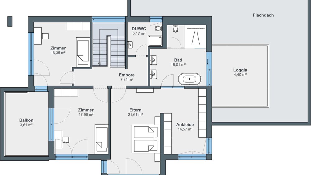Grundriss eines Hauses mit fünf Zimmern, einem Badezimmer und einer Loggia. Beschriftungen geben den Zweck und die Größe der Zimmer an.