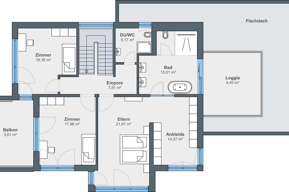 Grundriss eines Hauses mit fünf Zimmern, einem Badezimmer und einer Loggia. Beschriftungen geben den Zweck und die Größe der Zimmer an.