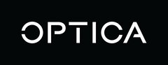 Logo for OPTICA with white text in capitals, with a modern font on a black background.