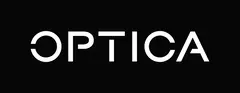 Logo for OPTICA with white text in capitals, with a modern font on a black background.