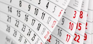 Curved pages of a calendar showing a month with numbers in black and Sundays in red.