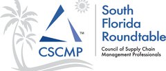 Logo of the CSCMP South Florida Roundtable featuring palm tree and sun graphics, as well as the name and description of the organization.