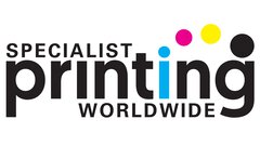 Logo für specialist printing worldwide. Vier Punkte über dem i zeigen die Druckfarben Cyan Magenta, Gelb und Schwarz.