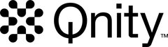 Black logo of Qnity. The line of the “Q” is vertical and black dots are arranged symmetrically in front of the text, touching each other in one or two places.