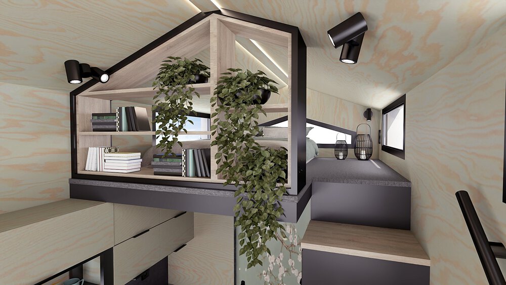 Modernes Interieur mit Glasgeländer, schwarzen Akzenten und Hängepflanzen an einer Treppe.