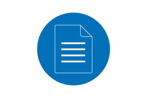 Icon of a document with text lines on a blue circle background.