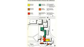 Ein alter mehrfarbiger Geländeplan der Demonstrationszonen und Tagungsstätten einer früheren productronica in den Sprachen Deutsch, Englisch und Französisch.