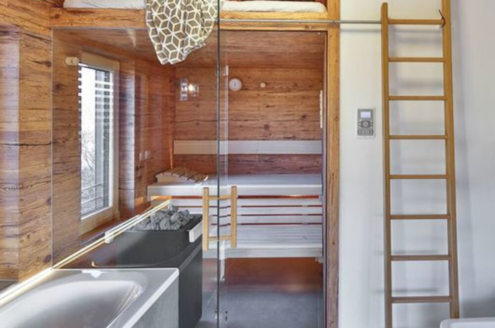 Modernes Badezimmer mit holzgetäfelter Sauna, Glastür, Leiter und zeitgenössischer Leuchte.