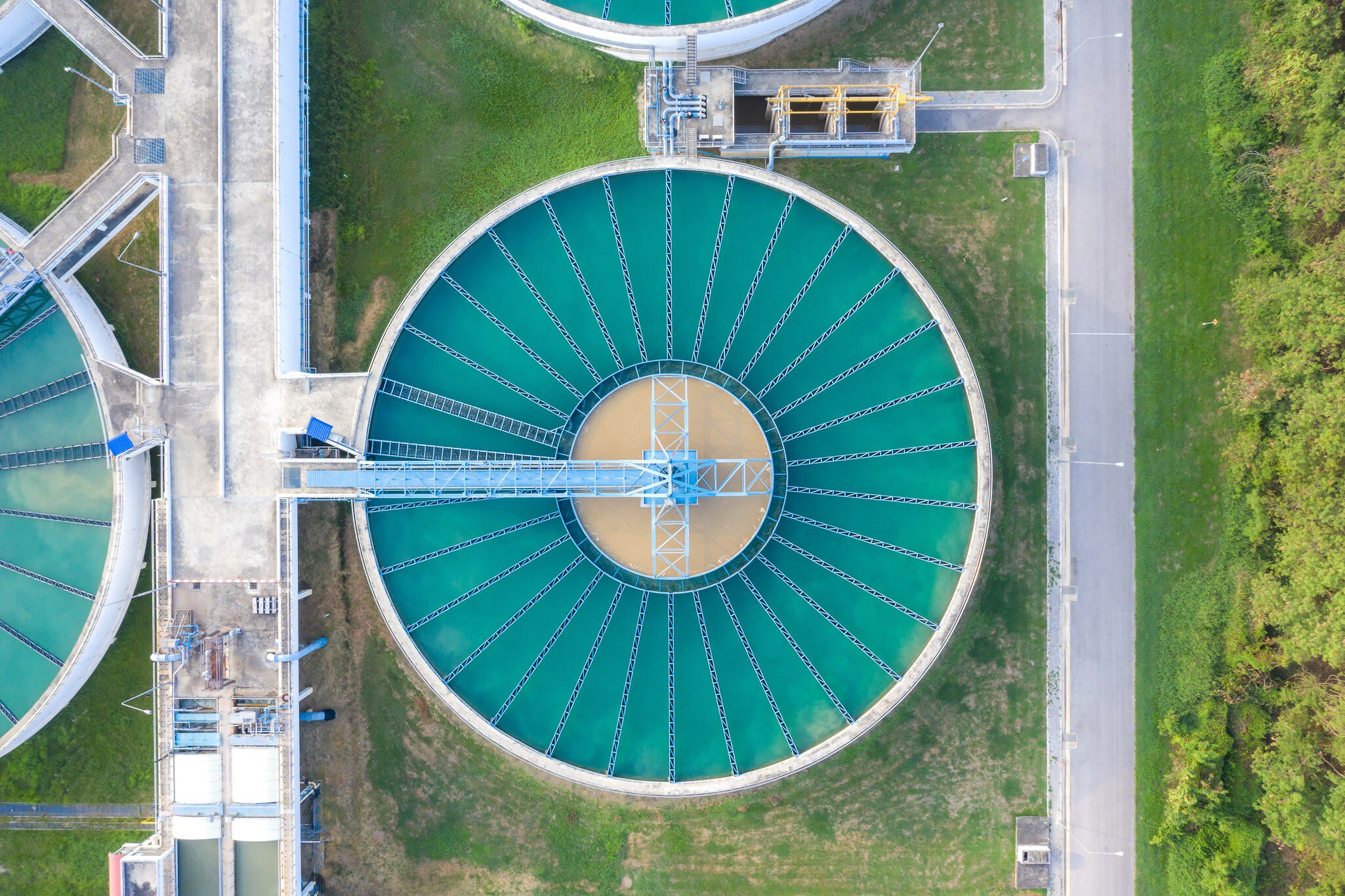 Aerial view of a sewage treatment plant.