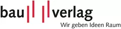 Logo mit Text „bau verlag“ und Slogan „Wir geben Ideen Raum“. Zwischen „bau“ und „verlag“ ragen zwei Paar rote Striche leicht versetzt senkrecht von oben nach unten.