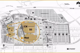 Karte des Messegeländes mit Fokus auf ICM, Halle B0 und den Eingang West.