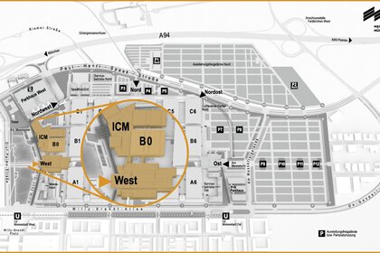 Karte des Messegeländes mit Fokus auf ICM, Halle B0 und den Eingang West.