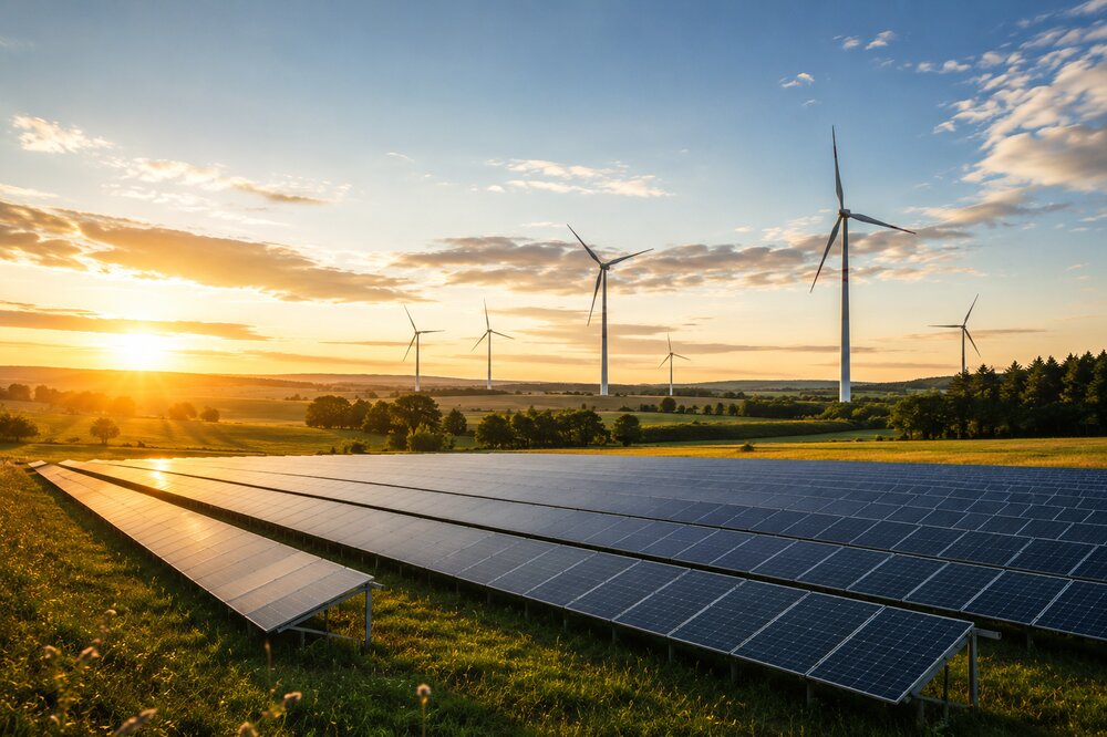Solar farm and wind turbines at sunset in rural landscape
