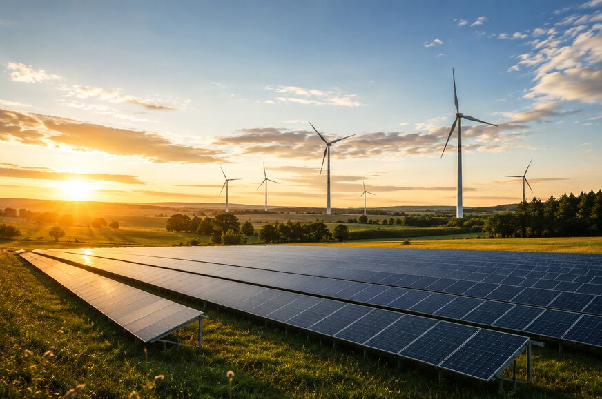 Solarpark und Windkraftanlagen bei Sonnenuntergang in Landschaft
