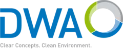 Logo with blue letters DWA and a circular design in green and blue on the right.