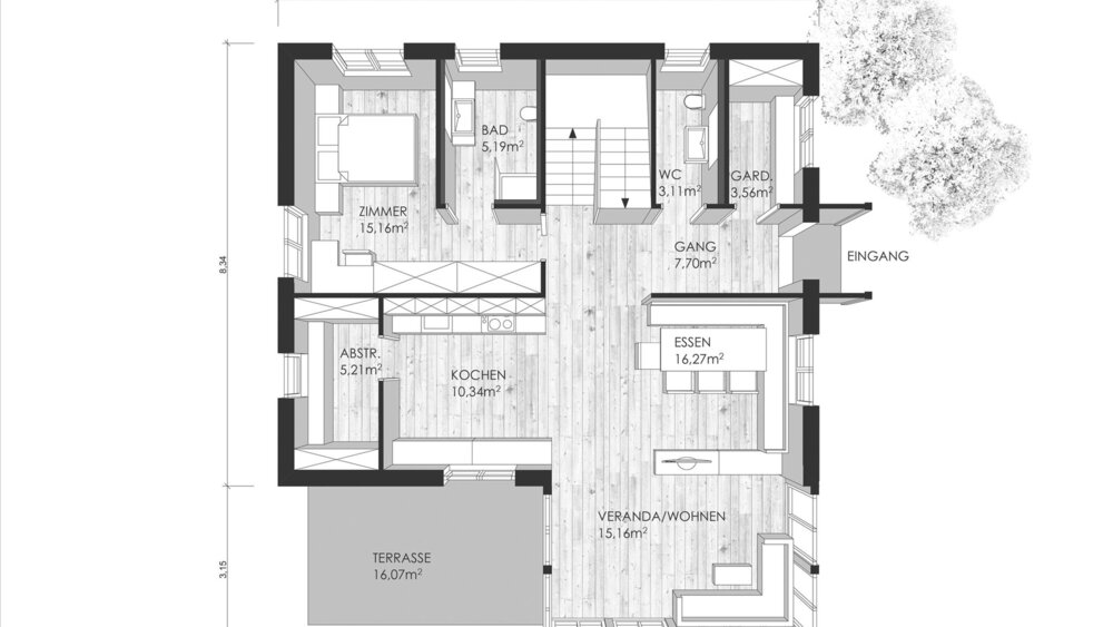Grundriss Erdgeschoss Musterhaus Rubner Haus GmbH