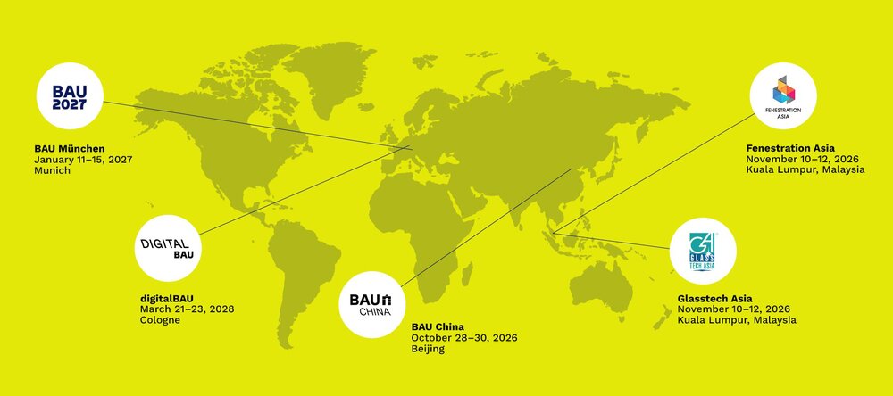 A yellow map of the world showing five BAU Network events, including their dates and venues, such as BAU CHINA and Glasstech Asia.