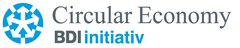 Logo for Circular Economy, BDI initiativ. Next to the text is a blue symbol connecting 5 arrows and circle segments.