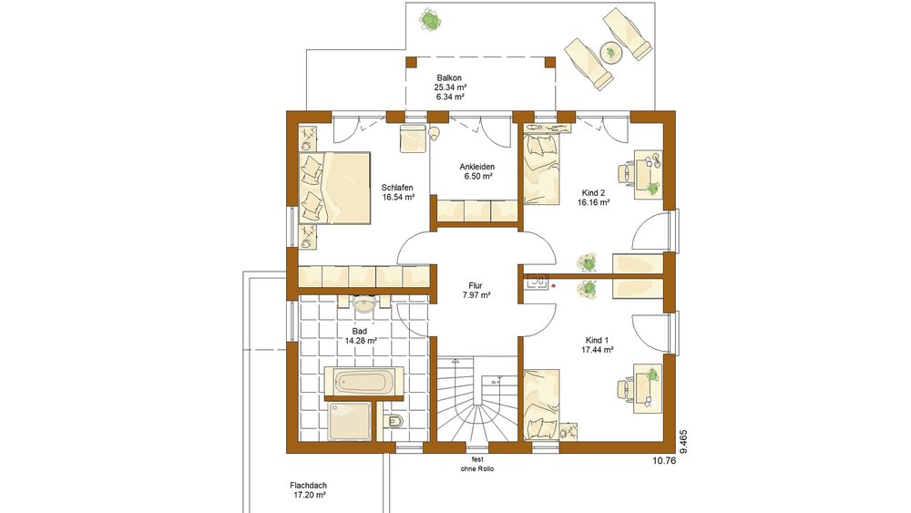 Grundriss eines Hauses mit Schlafzimmern, Bad, Schrank, Flur und Balkon, beschriftet in deutscher Sprache.
