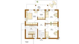 Grundriss eines Hauses mit Schlafzimmern, Bad, Schrank, Flur und Balkon, beschriftet in deutscher Sprache.