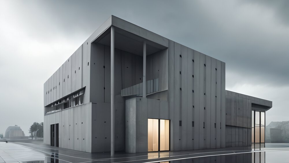 A modern, minimalist concrete building stands on a wet, reflective surface under a cloudy sky.