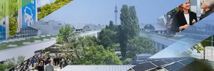 Das Messegelände der Messe München mit Nachhaltigkeitsthemen in mehreren Perspektiven wie nachhaltige Architektur, Solarpaneele, E-Mobilität und Networking.