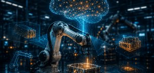 Roboterarm mit KI-Visualisierung in einer Produktionsumgebung, digitale Modelle und Datenanalysen schweben im Raum.