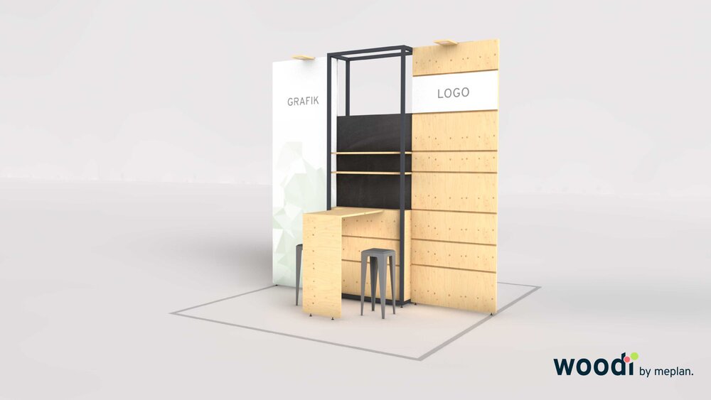 3D model of an exhibition stand with wooden panelling, small desk and metal stool.