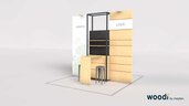 3D model of an exhibition stand with wooden panelling, small desk and metal stool.