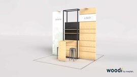 3D model of an exhibition stand with wooden panelling, small desk and metal stool.